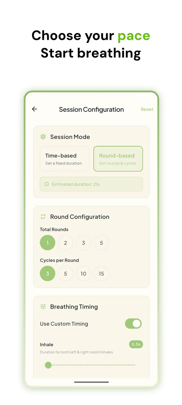 Session configuration with time-based or round-based modes and custom inhale timing slider
