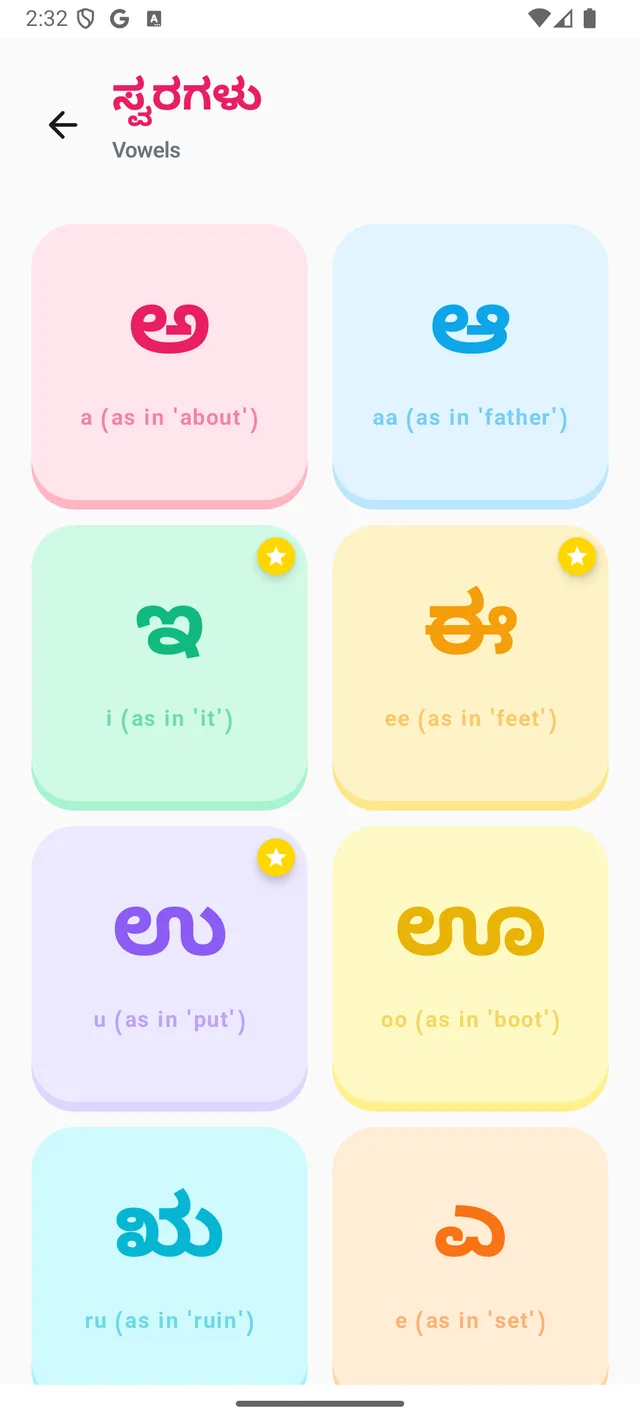 Kannada vowels (swaragalu) flashcard grid with English pronunciation hints for each letter
