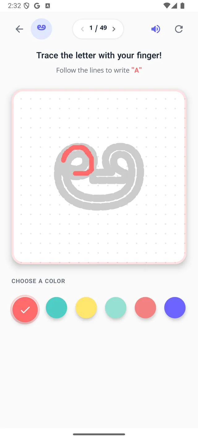 Guided finger tracing screen for writing the Kannada letter ಅ with crayon color choices